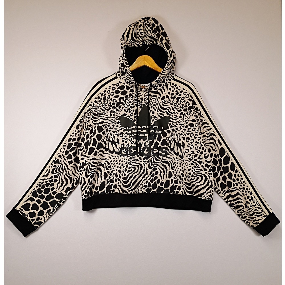 Streetwear Adidas Originals Womens XL Black Cream Animal Print Cropped Hoodie
